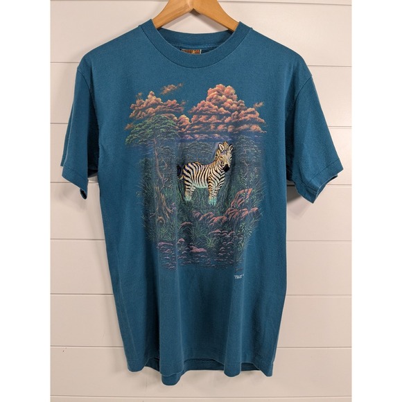 Stitch's Other - Vintage Stitch Art Shirt Mens Medium Zebra Embroidered Graphic Wildlife USA 90s